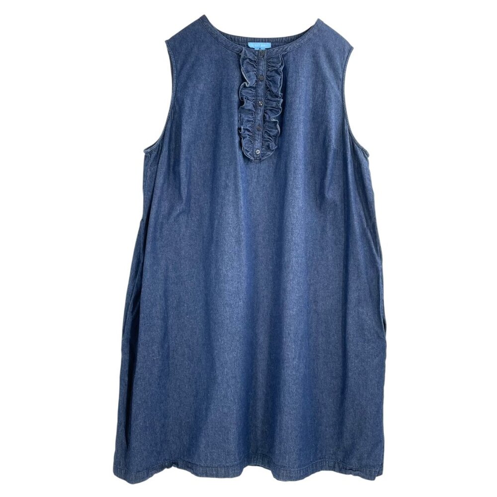 Draper James Sleeveless Denim Midi Dress in Blue with Ruffle Placket